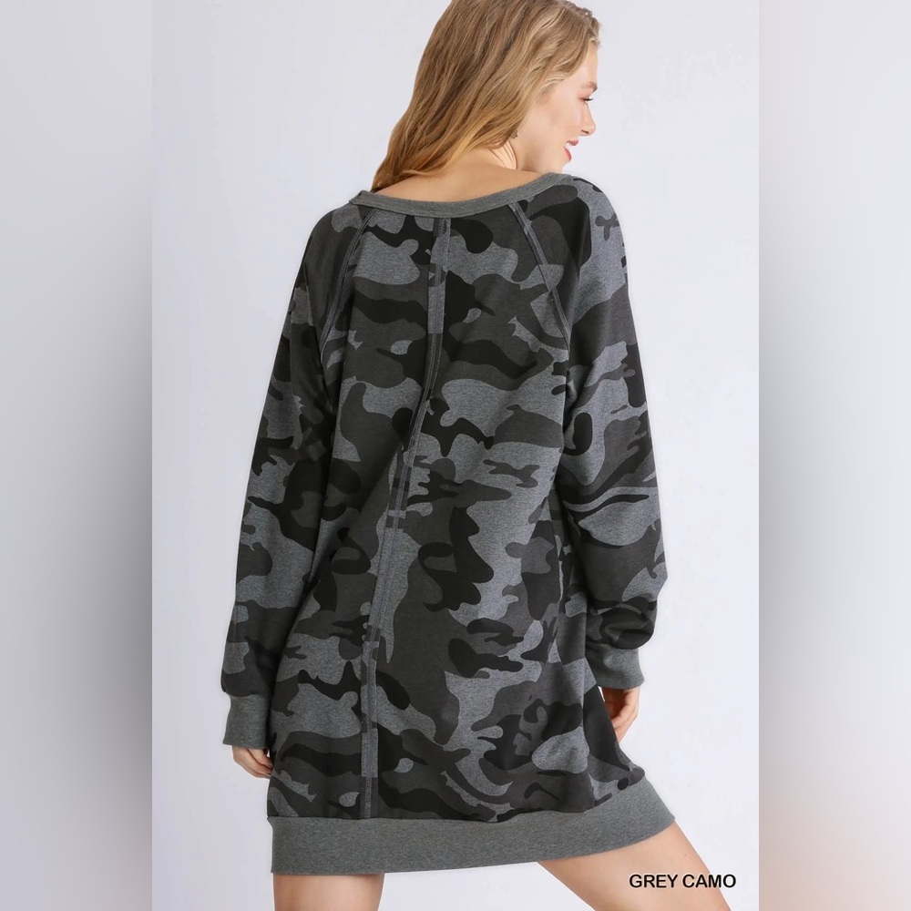 Umgee French Terry Camo Print Raw Edged Dress - Picture 5 of 5
